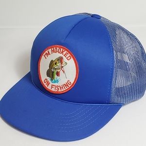 Vtg Hooked On Fishing Trucker Hat Foam Mesh Snapback Blue Baseball Cap Graphic.